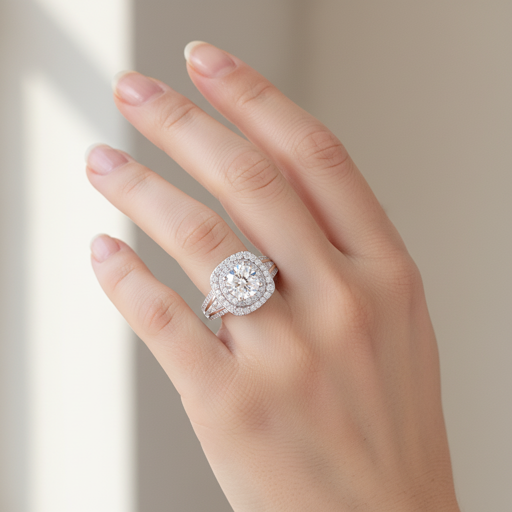 925 Sterling Silver Double Halo Engagement Ring for Women – Cushion Cut Luxury Statement Ring | Elegant Bridal Jewelry