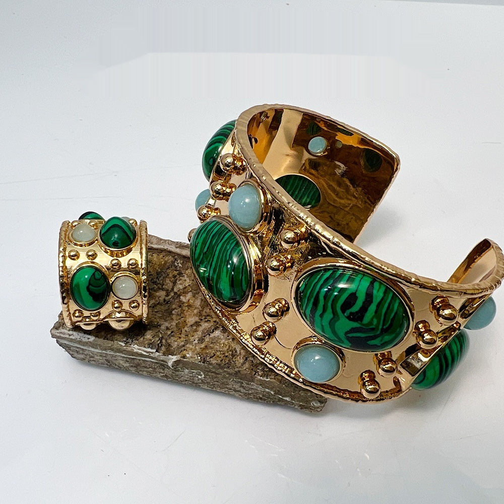 Gold Malachite Cuff Bracelet & Ring Set | Luxury Green Stone Jewelry