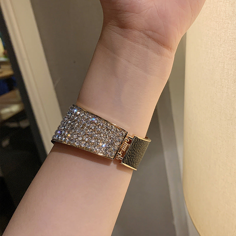 Luxury Rhinestone Leather Cuff Bracelet | Diamond-Cut Alloy | Black White Colour