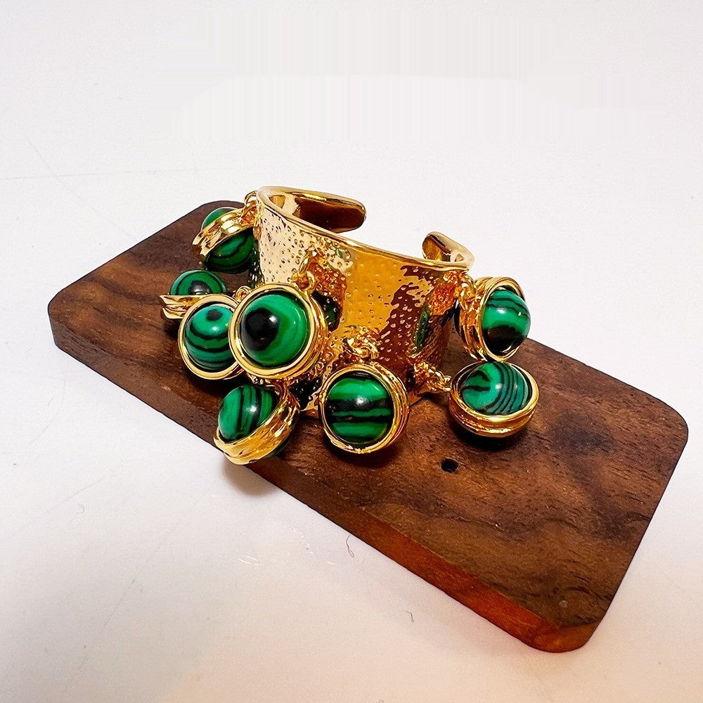Gold Malachite Cuff Bracelet & Ring Set | Luxury Green Stone Jewelry