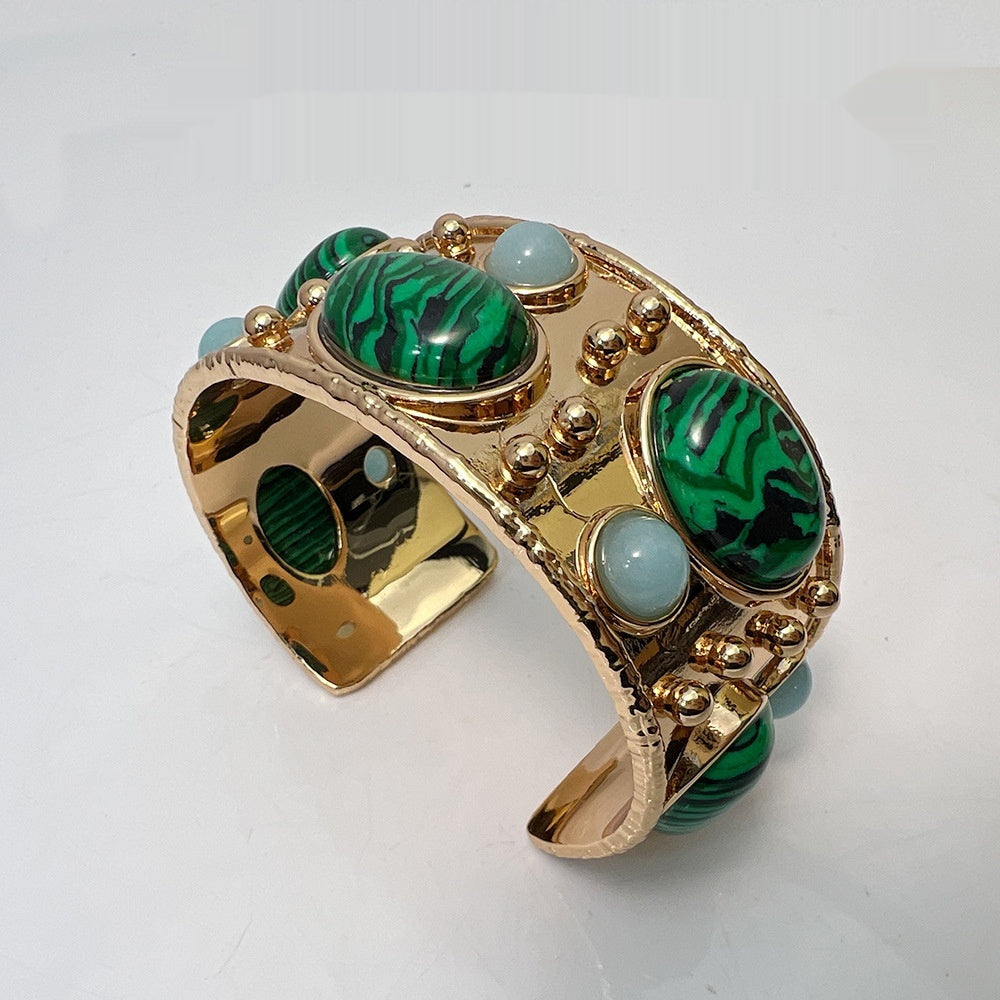 Gold Malachite Cuff Bracelet & Ring Set | Luxury Green Stone Jewelry
