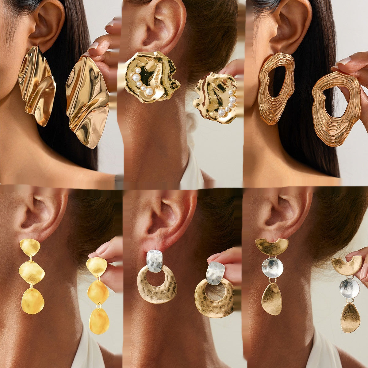 Gold Geometric Statement Earrings | Glossy Pleated Metal | Luvia