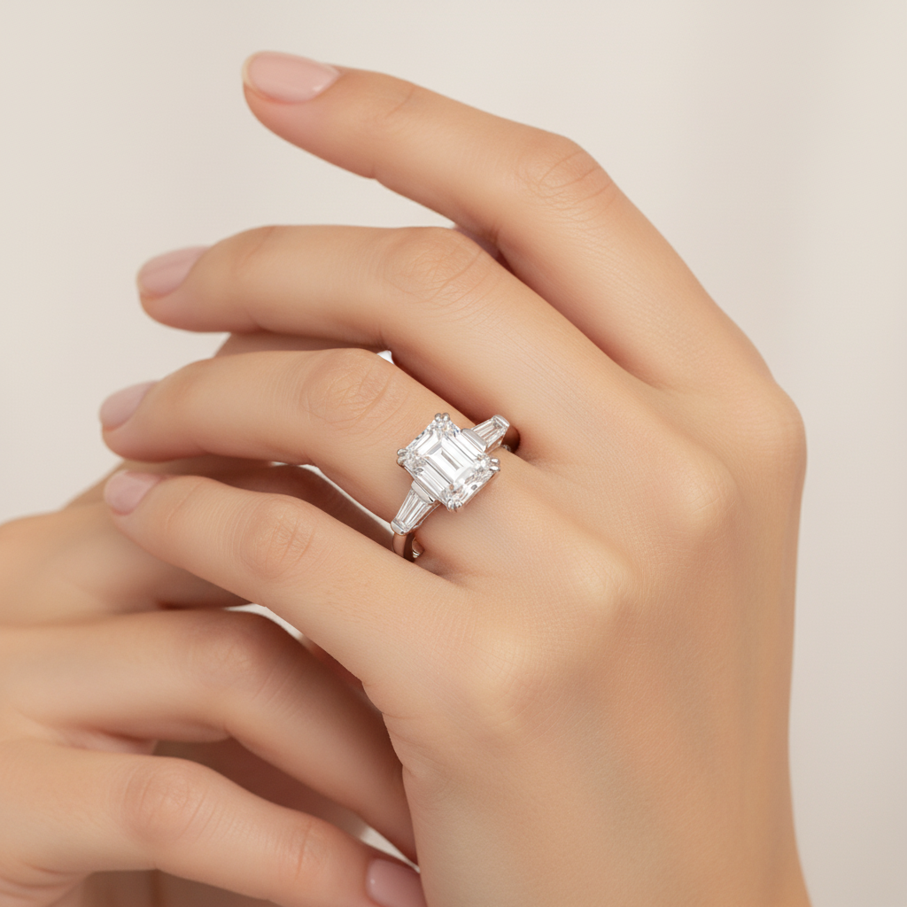 925 Sterling Silver Emerald Cut Engagement Ring for Women – Three Stone Design | Elegant Statement Ring