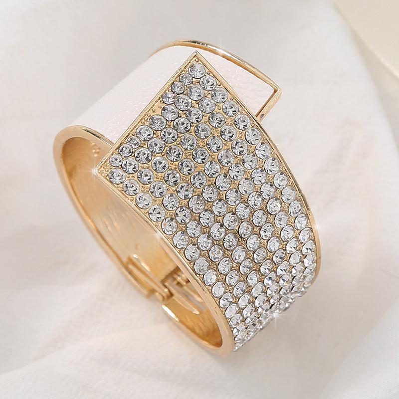 Luxury Rhinestone Leather Cuff Bracelet | Diamond-Cut Alloy | Black White Colour