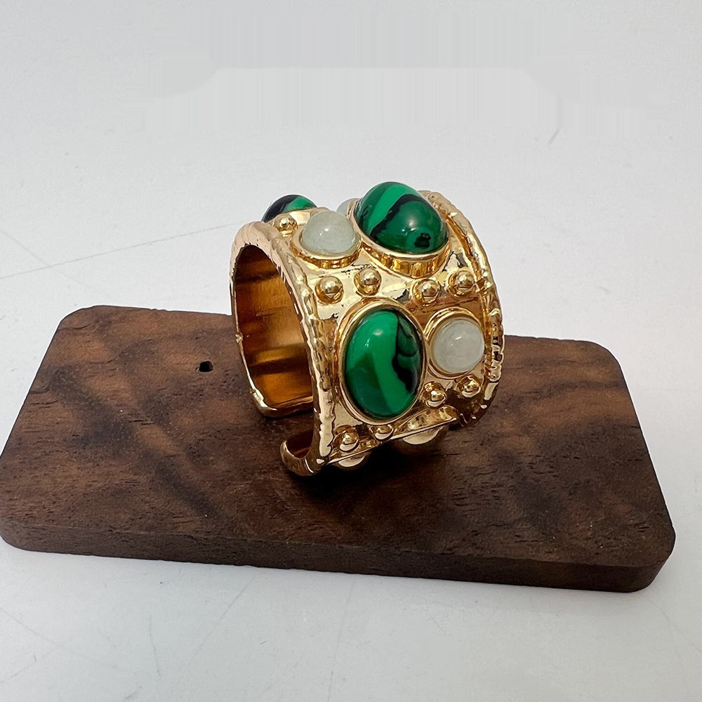Gold Malachite Cuff Bracelet & Ring Set | Luxury Green Stone Jewelry