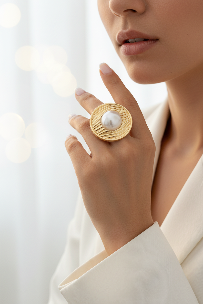 Gold Geometric Pearl Ring for Women – Irregular Winding Statement Ring