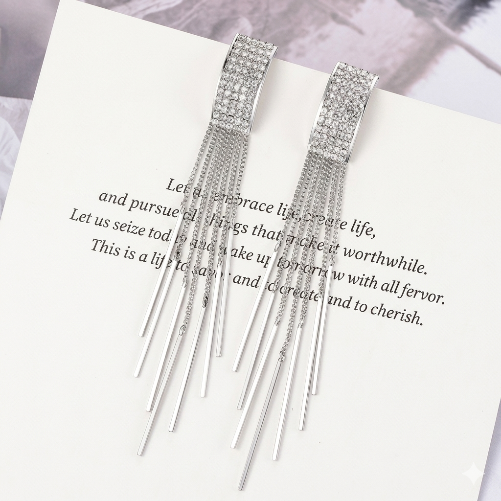 Luxury Gold Chain Tassel Earrings | Crystal Pave Drop | Long Fringe | Gold Silver