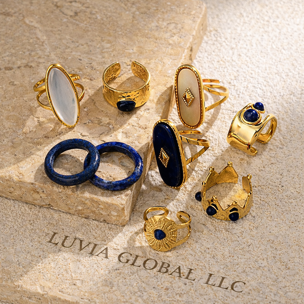Luxury Gold Statement Rings Set – Lapis Lazuli & Mother of Pearl Jewelry | Luvia