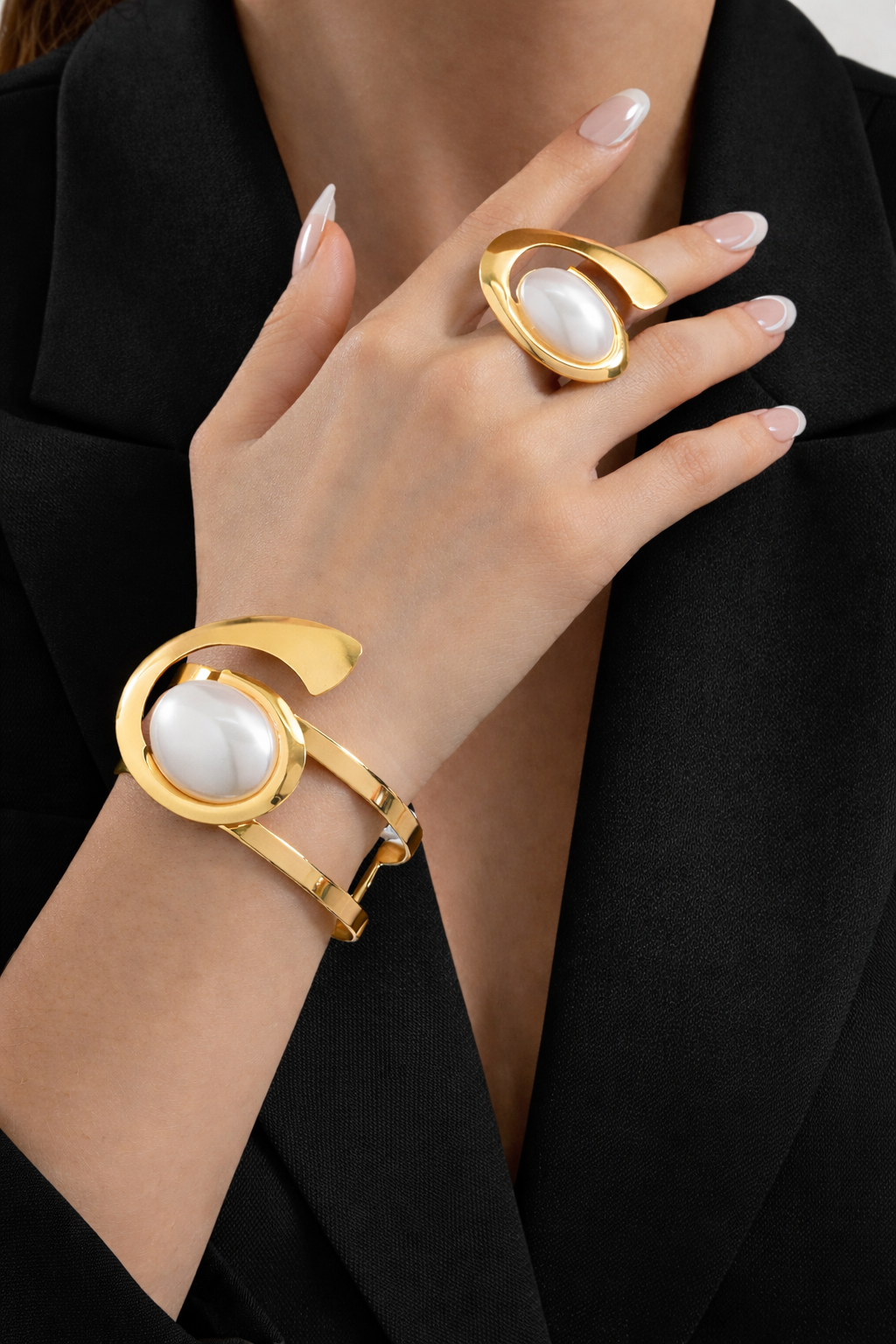Luxury Gold Pearl Bracelet & Statement Ring Set – Elegant Minimal Jewelry for Women | Available in Multiple Colors