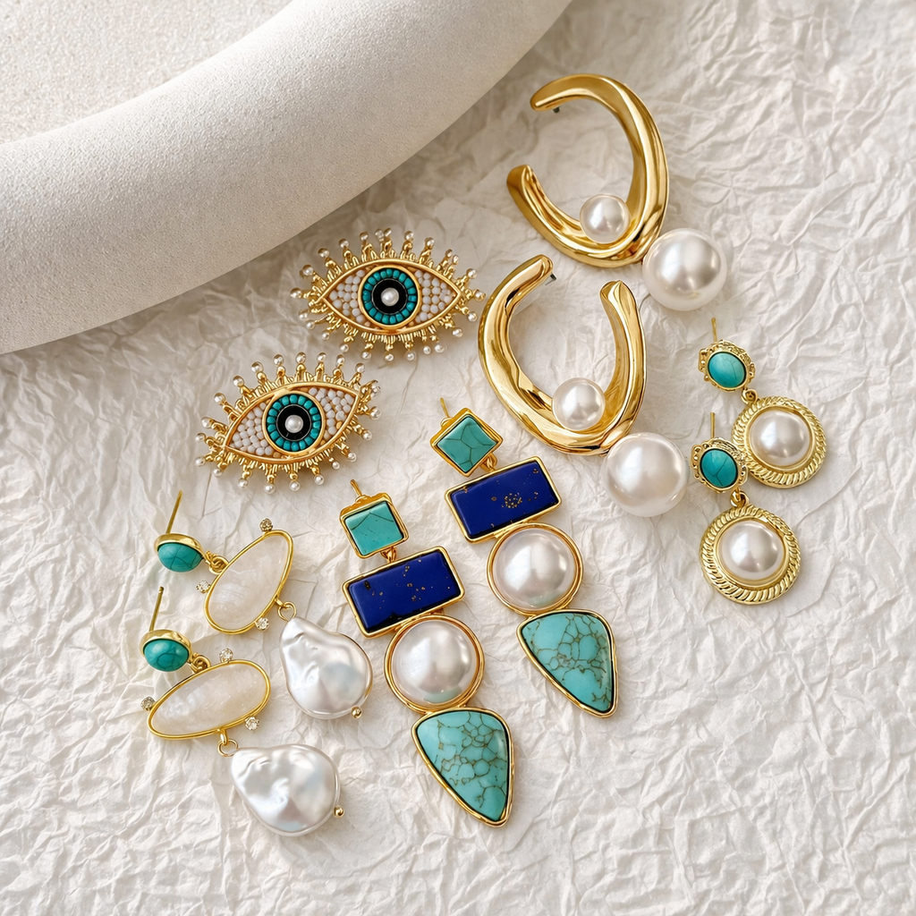 Pearl & Turquoise Gold-Tone Earrings Set | Elegant Statement | Luvia