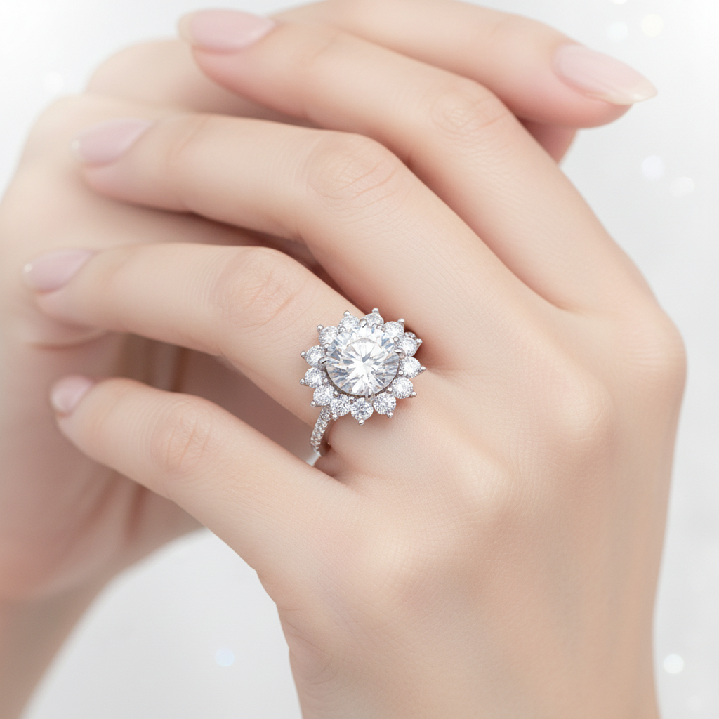 Luxury Halo Engagement Ring for Women – Brilliant Cut Crystal Statement Ring | Elegant Wedding Jewelry