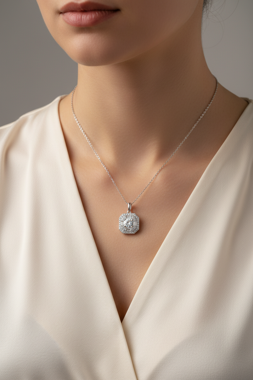925 Sterling Silver Halo Pendant Necklace for Women – Cushion Cut Diamond Look Jewelry | Elegant Gift Necklace