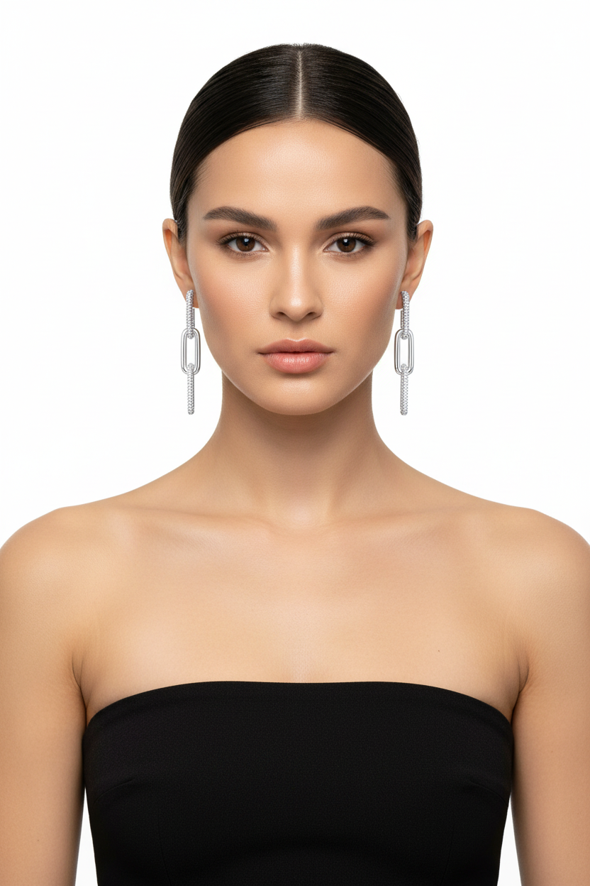925 Sterling Silver Link Drop Earrings for Women – Pavé Chain Design | Modern Luxury Dangle Earrings