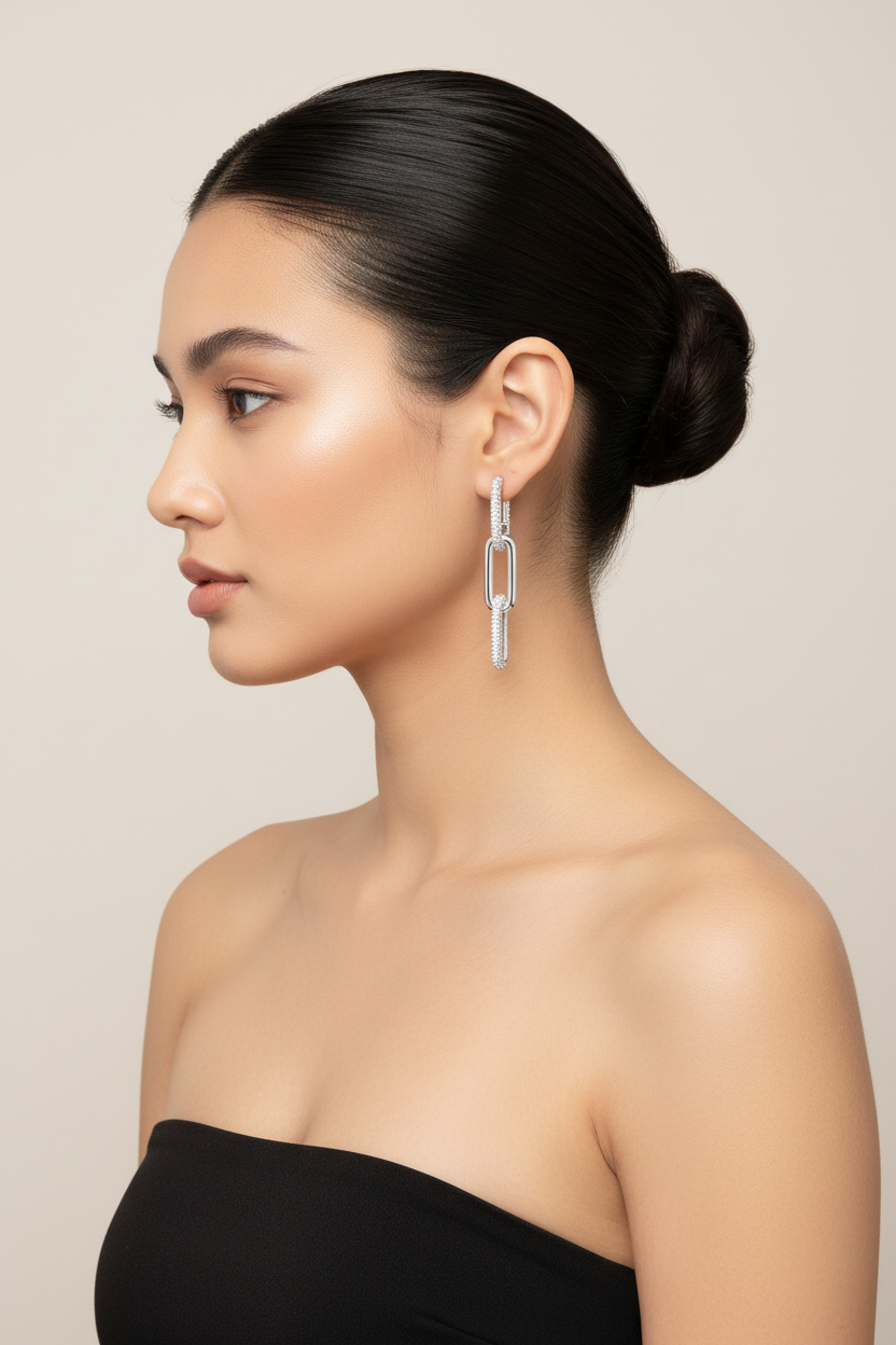 925 Sterling Silver Link Drop Earrings for Women – Pavé Chain Design | Modern Luxury Dangle Earrings