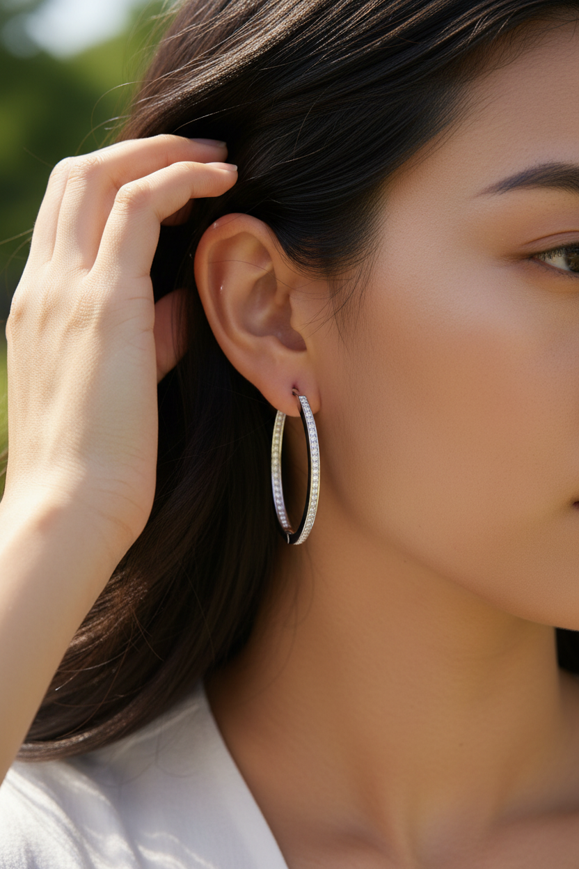 925 Sterling Silver Large Hoop Earrings for Women – Pave Diamond Look Hoops | Elegant Statement Jewelry