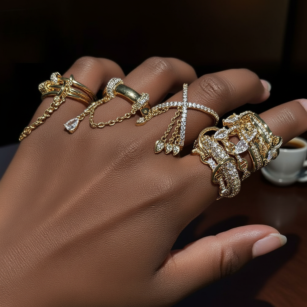 Gold Chain Ring Set for Women – Crystal Zircon Tassel Double Finger Ring