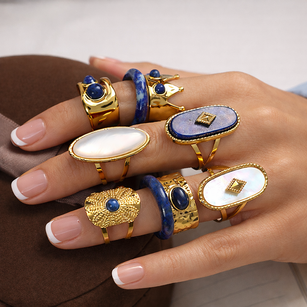 Luxury Gold Statement Rings Set – Lapis Lazuli & Mother of Pearl Jewelry | Luvia
