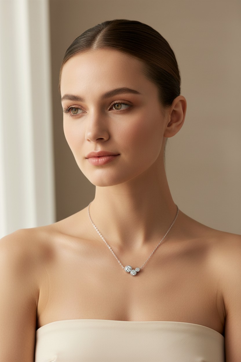 925 Sterling Silver Three Stone Necklace for Women – Minimalist CZ Pendant Chain